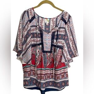 Fig & Flower Blue Red Boho Blouse Small